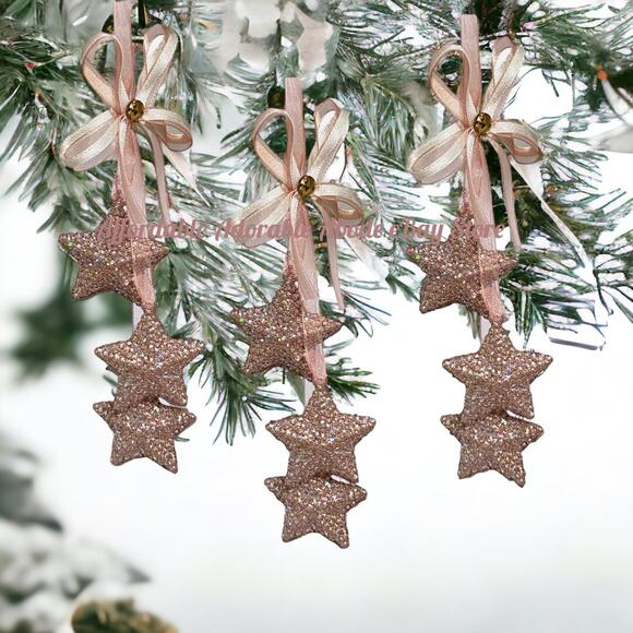 3 Stars Ornament Pink Rose Gold Tiered Christmas Tree Silk Bow Ribbons - Picture 1 of 5